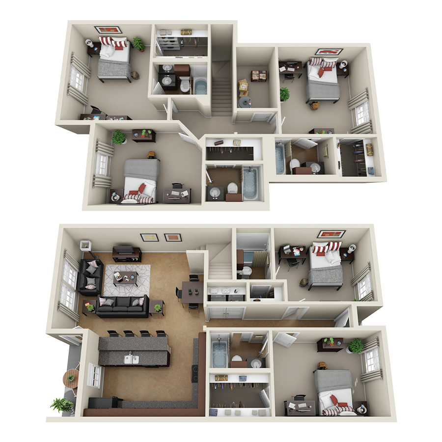 The Barracks Townhomes - 5x5 Townhome Floor Plan 3D Rendering